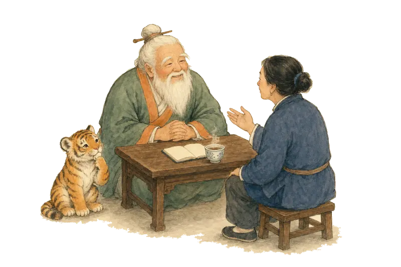 Lao Xinglin leaning across his consulting desk to listen to a patient, the tiger cub imitating his thoughtful pose