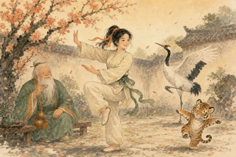 Xiao Xing practicing tai chi at dawn while Lao Xinglin watches, the crane and tiger cub copying the pose