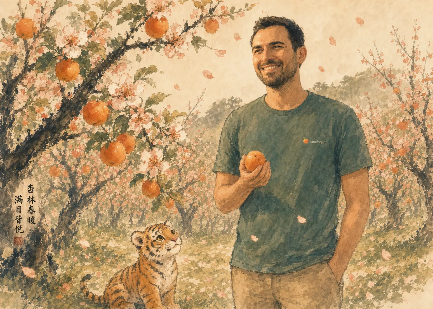 Michael Alexis, illustrated in the apricot grove holding a ripe apricot, the tiger cub looking up at him
