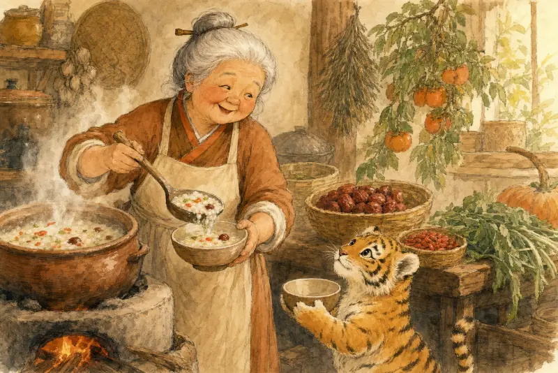 Xing Po ladling congee at her stove while the tiger cub holds up its bowl