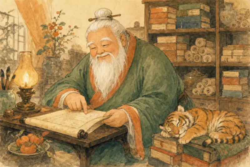 Lao Xinglin reading a scroll in his study, the tiger cub asleep on a stack of books