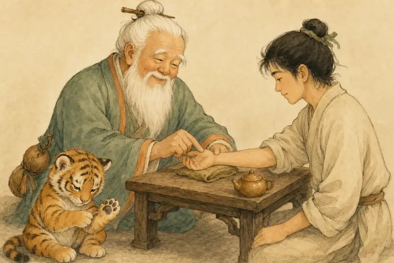 Lao Xinglin pressing a point on a patient's wrist while the tiger cub studies its own paw