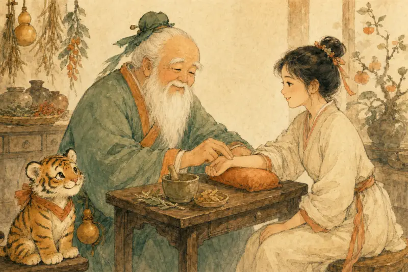 Lao Xinglin taking a patient's pulse, the tiger cub sitting politely beside the table