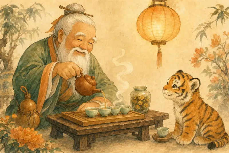 Lao Xinglin pouring gongfu tea into a row of tiny cups while the tiger cub waits with its own