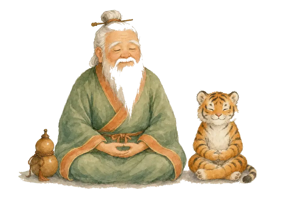 Lao Xinglin and the tiger cub meditating side by side