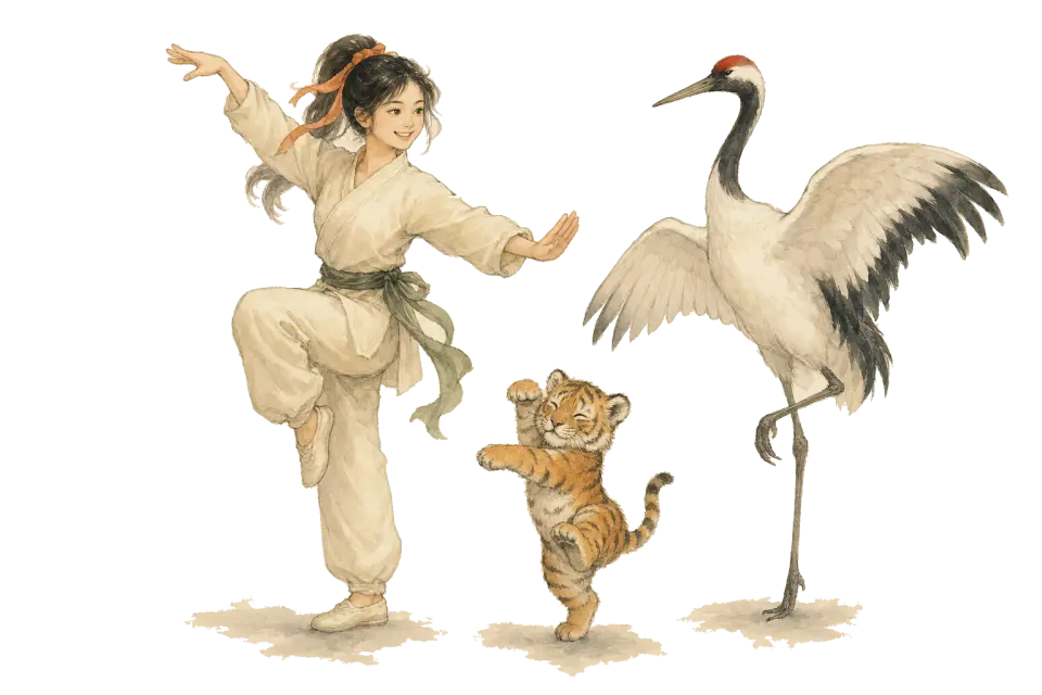 Xiao Xing holding a tai chi pose beside the crane balanced on one leg, while the tiger cub wobbles trying to copy them