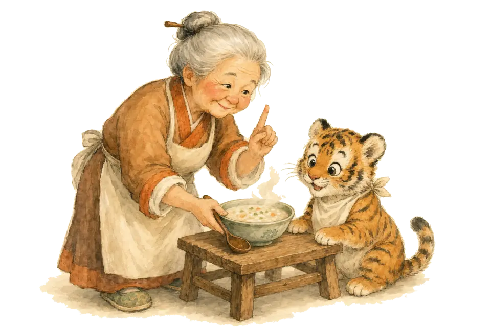 Xing Po setting a bowl of congee before the tiger cub, one finger raised telling him to wait for it to cool