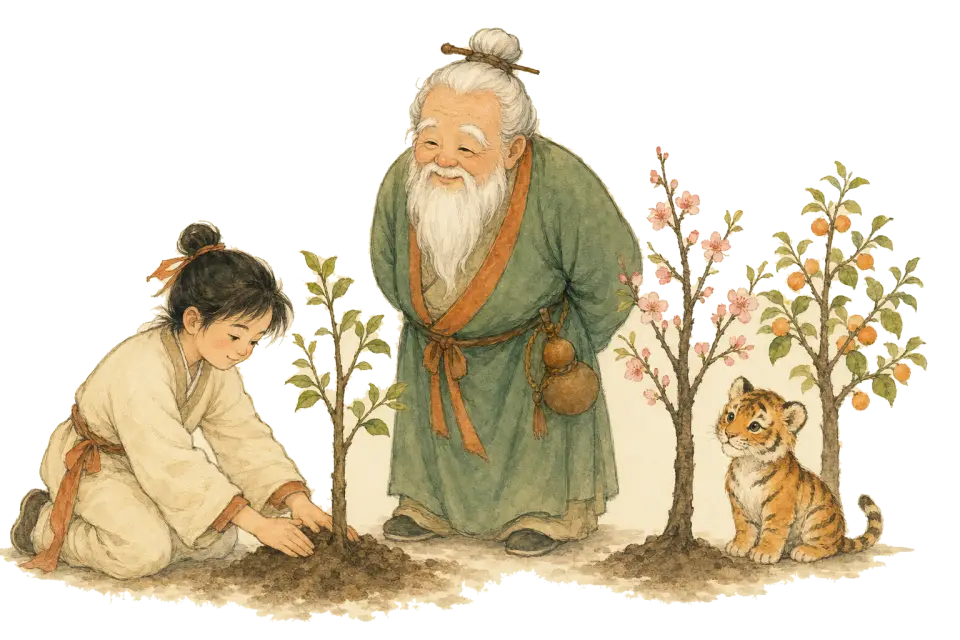 A recovered patient plants an apricot sapling while Lao Xinglin watches, the tiger cub sitting guard beside the young trees