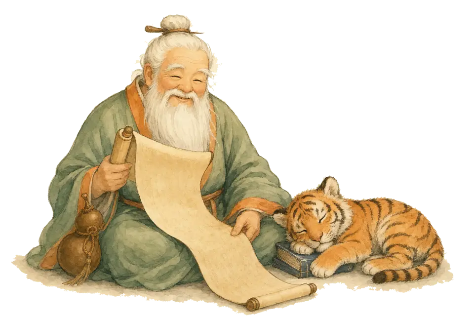 Lao Xinglin reading a long scroll while the tiger cub sleeps against his knee using a book as a pillow