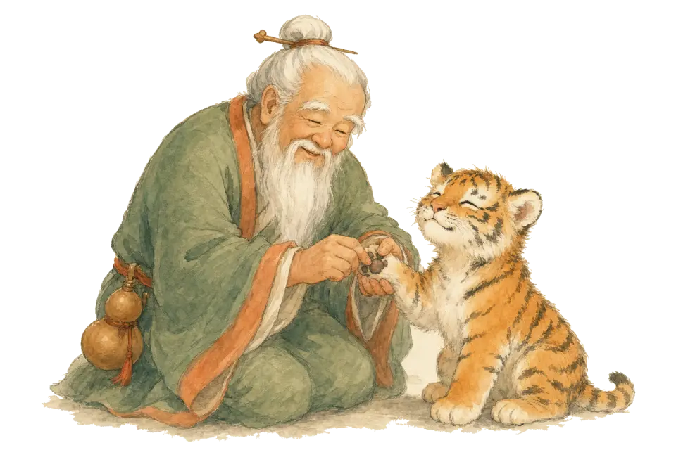 Lao Xinglin pressing a point on the tiger cub's paw while the cub looks blissful