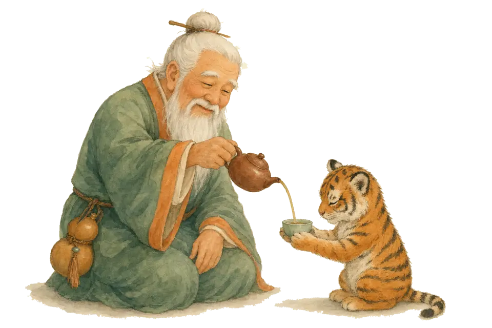 Lao Xinglin pouring tea into a tiny cup held very carefully by the tiger cub